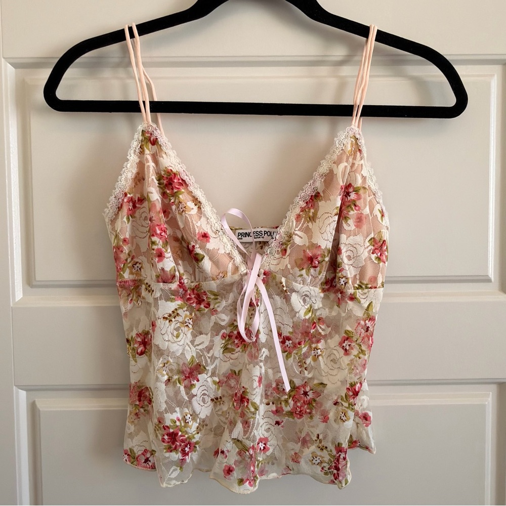 Princess Polly Pink Floral Lace Camisole with Ribbon Tie